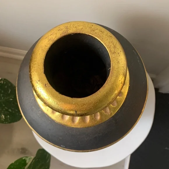 Dark brown gold leaf large ceramic decorative vase home decor shelf vintage art - Picture 6 of 10